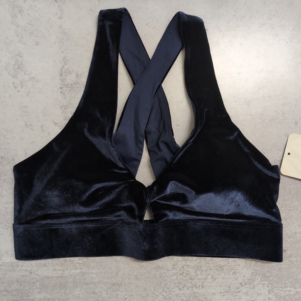 NWT Fabletics Oasis Twist-Front Velour Sports Bra - Navy Blue - Medium (8)